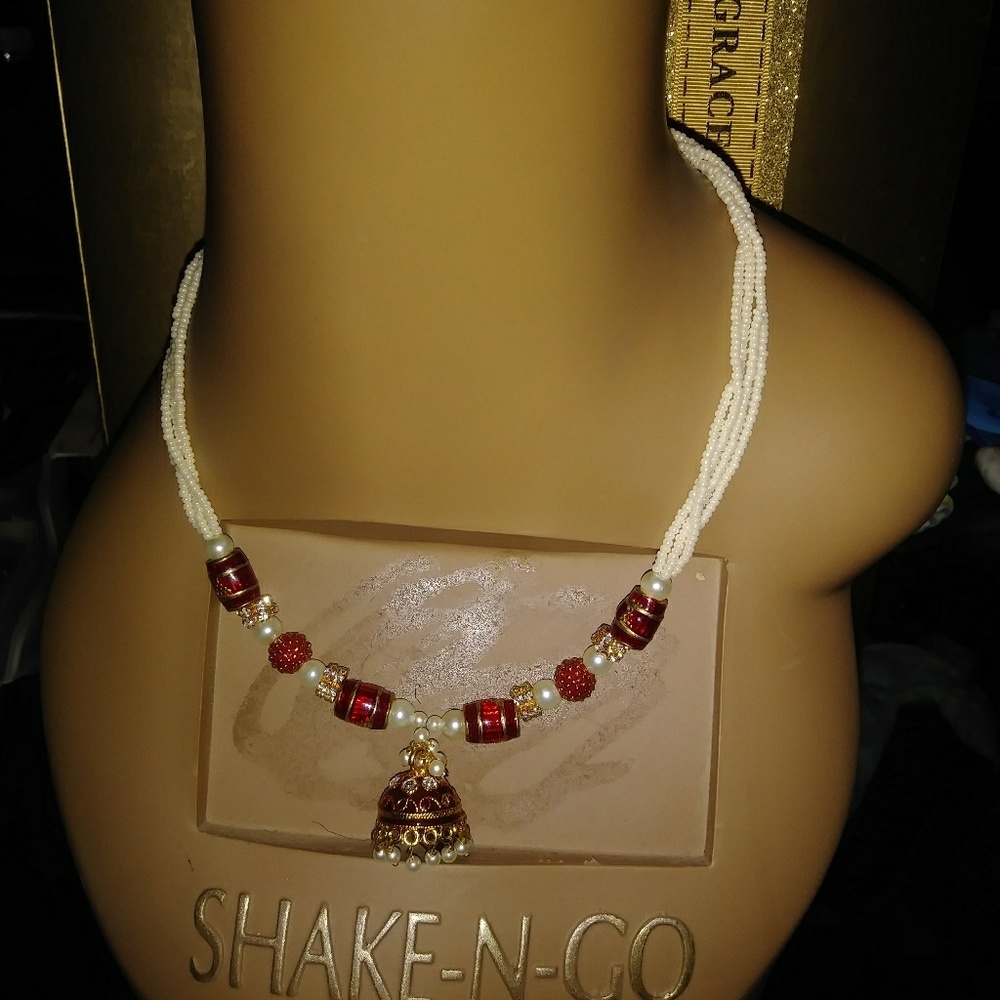 Pearl Beaded Necklace w/ Red and Gold Brad Accent